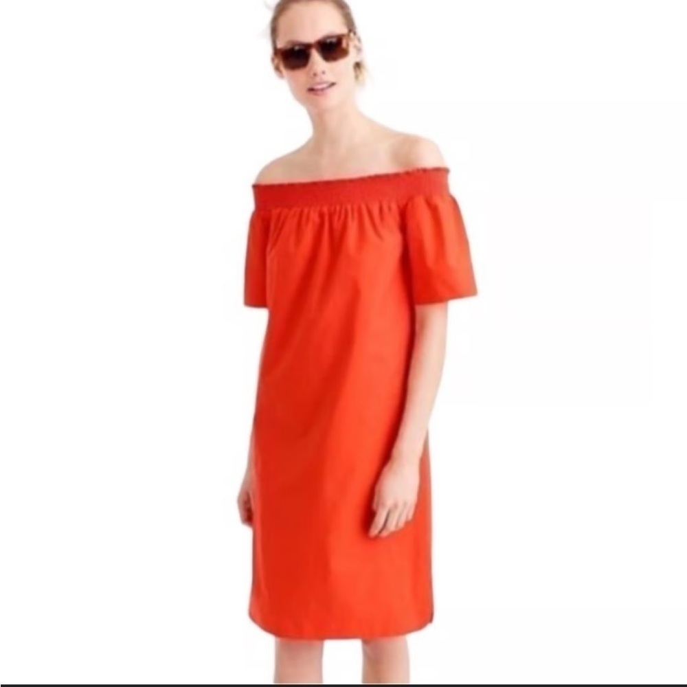 J. Crew Style F2302 Size 2 Off The Shoulder Dress Cotton Poplin Orange Casual